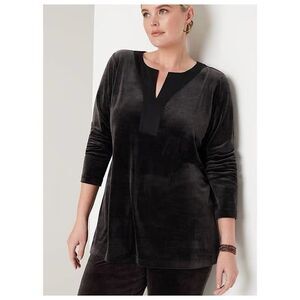 Pure J Jill Velour Pullover Tunic Top Womens Sz L Black Long Sleeve Split Neck